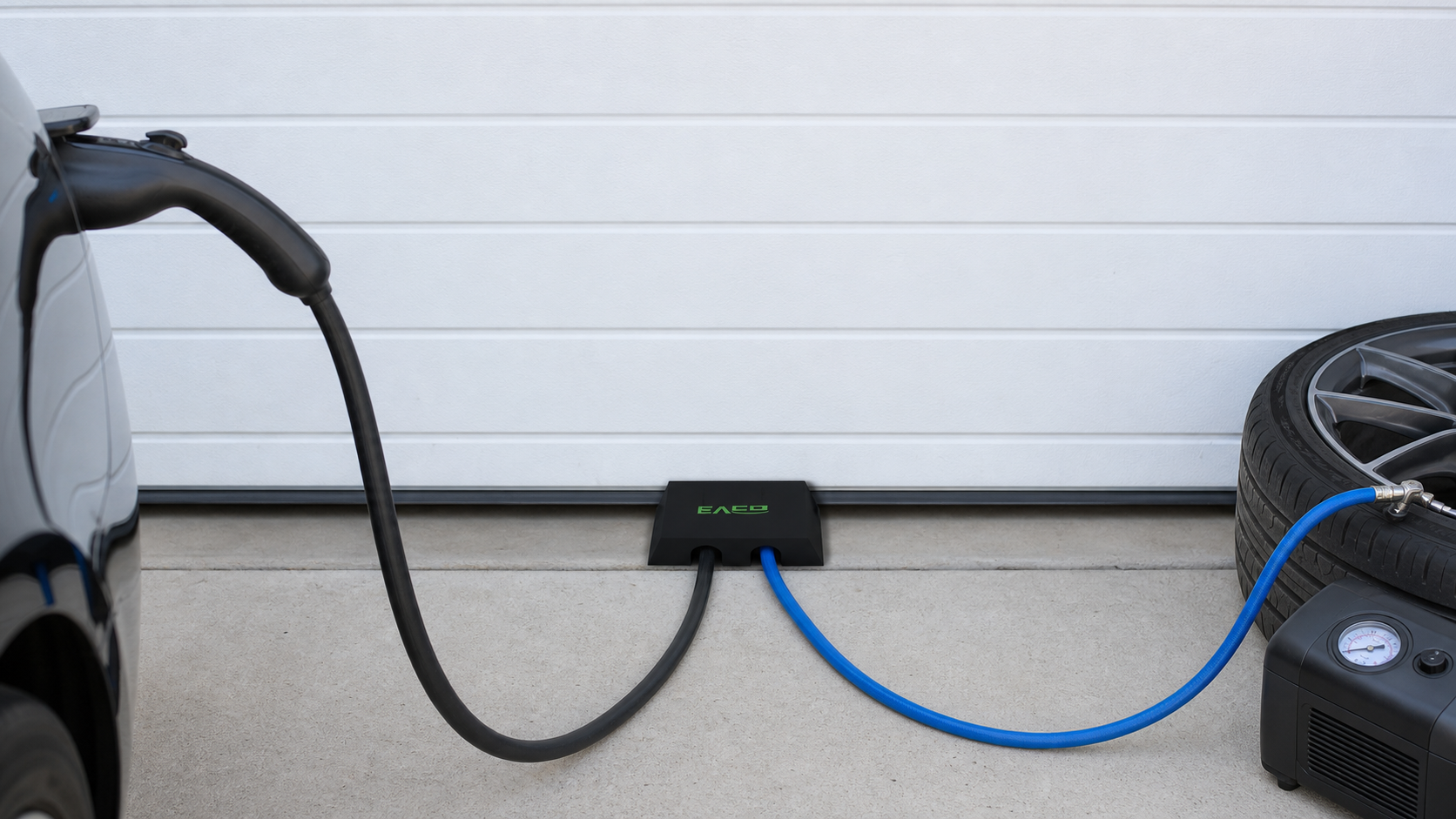 Digital visualization of an EV cable and blue air hose routed through a black EVCD flat-top dual protector