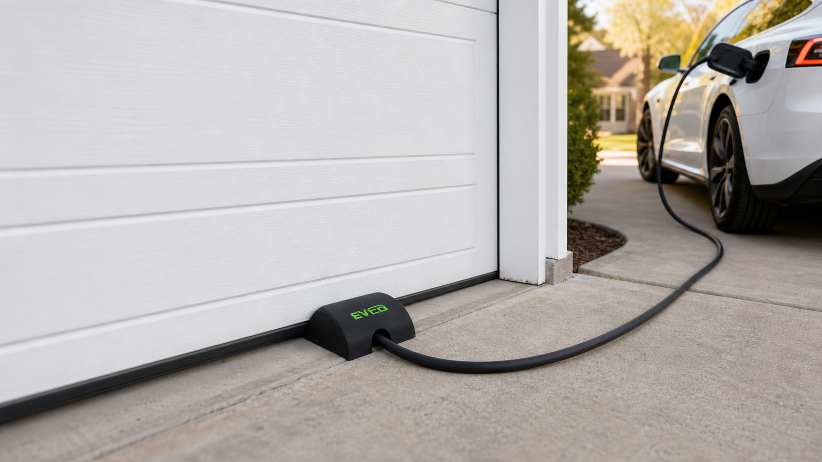 Digital visualization of one EV charging cable routed perpendicular to a closed garage door through a black EVCD single-channel protector